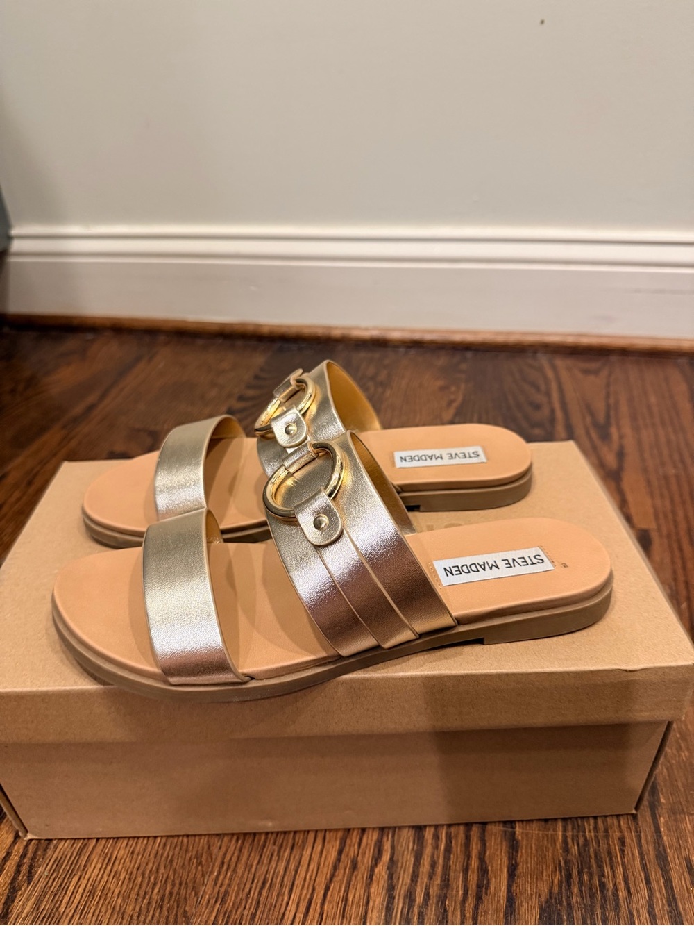 Steve Madden Gold Metallic Double-Strap Slide Sandals with Ring Accents